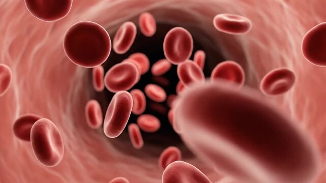 Microscopic view of blood cells flowing through a blood vessel, medical concept.