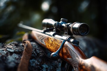 Obraz premium Hunting rifle resting on a log after firing during a morning hunt in the forest, showcasing craftsmanship and the aftermath of a successful shot