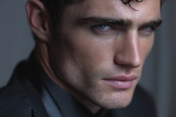 Obraz premium Confident handsome man with striking features and an intense gaze posing against a neutral background in a sophisticated and elegant manner