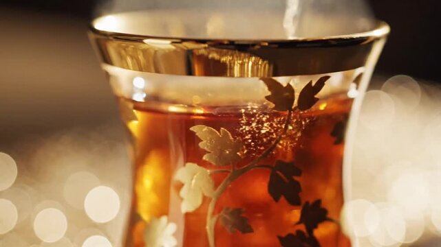 Close-up of a traditional Turkish tea glass filled with hot, steaming black tea, showcasing intricate gold and leaf patterns on the glass, with soft bokeh lights in the background.