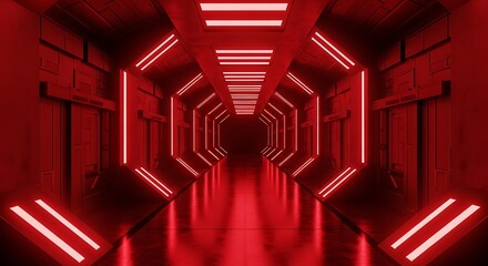 Obraz premium Futuristic red neon tunnel with glowing reflections on floor