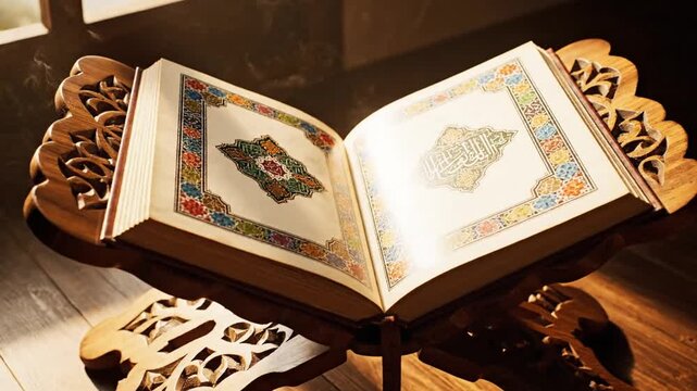 Open Holy Quran on a wooden stand, illuminated by sunlight, symbolizing Islamic faith and devotion.