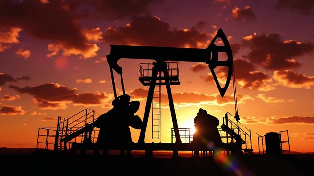 Oil pump silhouette against a beautiful sunset sky, industry concept.
