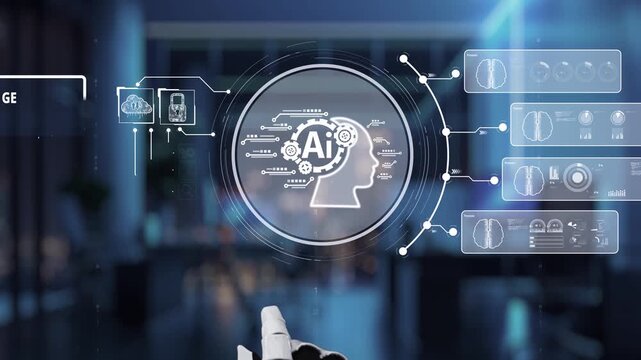 A robotic hand engages with a digital interface featuring generative AI elements, symbolizing the intersection of human intelligence and advanced technology in a sleek setting. Auvana