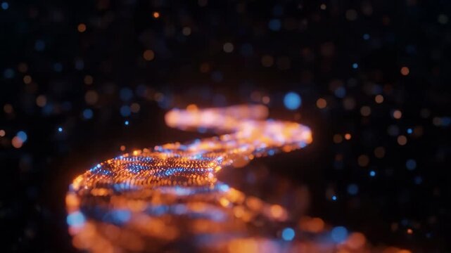 Abstract glowing energy path with digital particles in a dark background.