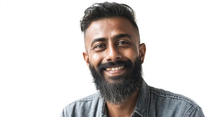 Obraz premium Smiling adult male with beard on white background.