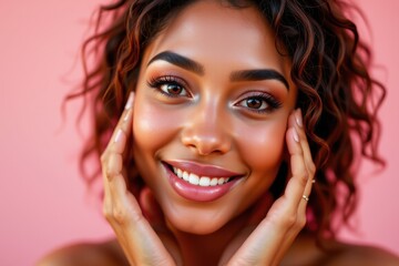 A captivating close up portrait of a radiant woman with flawless, luminous skin that exudes health and vitality, Her face is adorned with natural