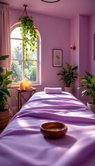 A tranquil spa sanctuary bathed in soft, lavender hued lighting, where serenity whispers through every detail, From a captivating point of view shot