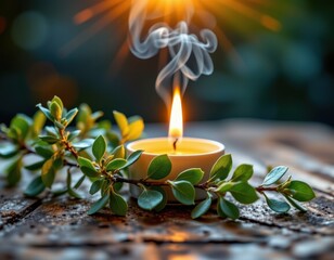 A close up, vividly detailed scene capturing a burning aromatic candle nestled amidst a sprig of fresh eucalyptus on a rustic wooden table, The candles flame flickers softly, casting warm