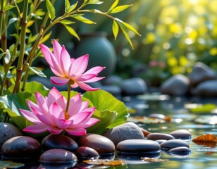 a cluster of blooming lotus flowers with petals shimmering in iridescent tones, smooth polished stones in rich jewel colors, and slender bamboo stalks arching gracefully into the frame