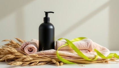 A sleek, minimalist black dispenser bottle standing gracefully at the top center of a softly illuminated, light toned background, Its smooth