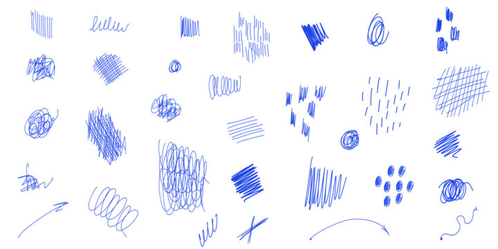 Set of hand drawn scribble pen blue line. Sloppy hatching, highlighter for trend modern design. Scratch texture sketchy graphic design element. Template vector illustration ballpoint round swirl