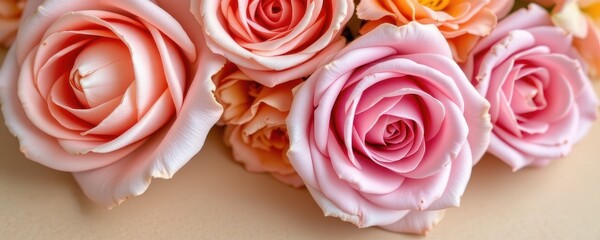 A delicate close up of lush, sweet roses rendered in soft pastel hues blush pinks, creamy peaches, and gentle lavenders perched gracefully atop a textured, warm toned mulberry paper surface