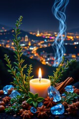 A luminous candle flickers softly atop a bed of vibrant herbs and aromatic spices, its warm glow casting gentle shadows against a deep, velvety dark background, Surrounding the candle