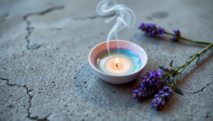 A tranquil scene set atop a textured concrete surface, where a small, elegant dish of aromatic spa concept oil glows softly with iridescent pastel hues shifting gently between lavender, mint