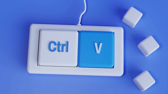 4K 3D Video Animation Ctrl + V Keyboard Shortcut Keys, Paste Action and Productivity Concept on Vibrant Blue Background