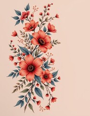 A delicate, hand drawn featuring an intricate arrangement of wildflowers and lush leaves, gracefully flowing from the left side of the position, The botanical elements are whimsically intertwined