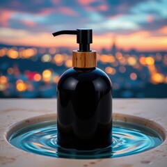 A surreal, macro focused scene centered on an elegant black soap dispenser crowned with a sleek bamboo cap, set against a tranquil spa ambiance, The dispenser, glossy and smooth