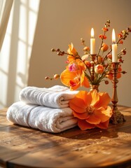 A serene spa still life scene illuminated by a warm, radiant glow, captured through a fish eye lens that curves the perspective into a gentle dome, At the bottom of the position