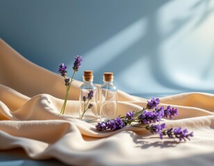 A serene still life scene featuring a cluster of delicate lavender essential oil bottles nestled atop a soft beige fabric that drapes gently, capturing subtle folds and textures, The bottles