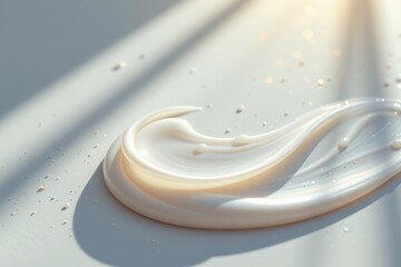 A luminous, pristine white background bathed in ethereal sunlight, where a delicate swirl of silky face cream evoking a smooth, flowing ribbon dominates the lower portion of the position, This swirl