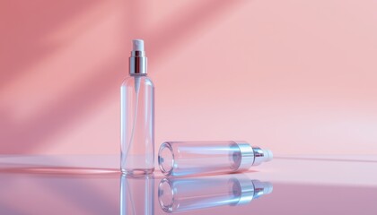 A sleek, high end mockup featuring two transparent setting spray bottles set against a pristine, minimal pastel background, The bottles exude a polished gleam, their glass surfaces reflecting a soft