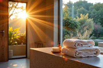A serene spa sanctuary bathed in the warm, amber glow of a setting sun filtering through a large, translucent window, The sunlight streams in as a gentle solar flare