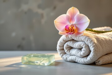 A serene spa still life scene unfolds against a textured gray cement backdrop, capturing a moment of tranquil elegance, Positioned on the right side of the position, a plush