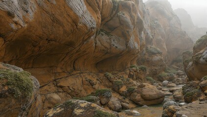 Misty Canyon with Mossy Rocks