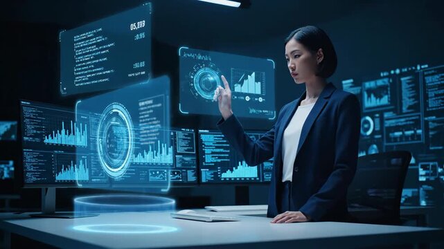Asian woman in a dark blue suit uses a futuristic blue holographic display in a dark room.