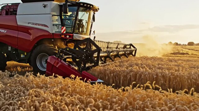 Combine harvester working in a golden wheat field at sunset, agricultural harvest season