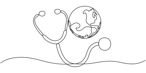 Obraz premium stethoscope with world continuous one line drawing, World health day medical stethoscope single line art, continuous one line drawing of Isolated outline vector icon, Continuous line drawing