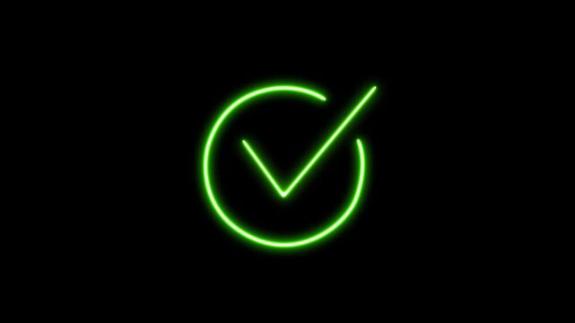 Glowing green neon checkmark button icon on a black background representing approval and success tick mark