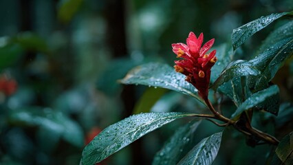 Red Ginger Flower with Water Droplets