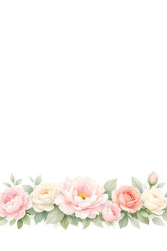 Vertical Valentine Floral Border with Roses and Peonies, White Background