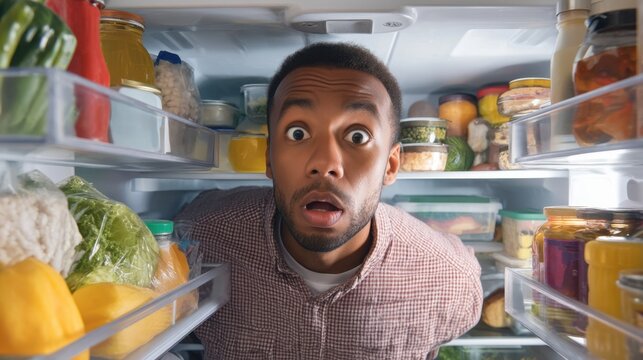 Astonished young african male looking inside a well-stocked refrigerator.