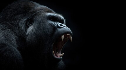 Obraz premium Close-up of roaring gorilla against black background.
