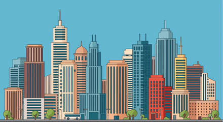 Fototapeta premium Stylized cityscape with diverse modern buildings under a clear blue sky.