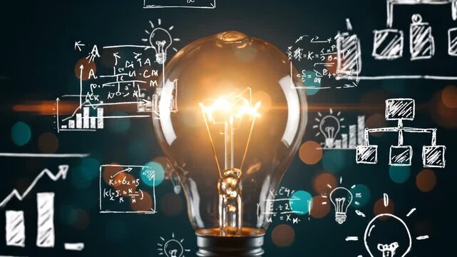 Glowing incandescent light bulb with chalk diagrams of graphs and ideas on a dark bokeh background.