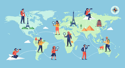 People traveling and exploring landmarks on a world map illustration © Dwi