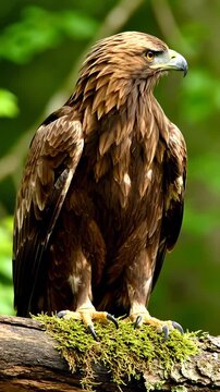 Majestic golden eagle perched on branch. Vibrant colors highlight feathers in lush green forest. Nature captures strength and beauty of wildlife. Vertical format enhances stunning view.