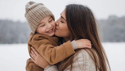 Fototapeta premium A boy embraces his mom during a winter stroll. A child in a hat kisses her. The mother cares for her son. Together, they cherish family bonds