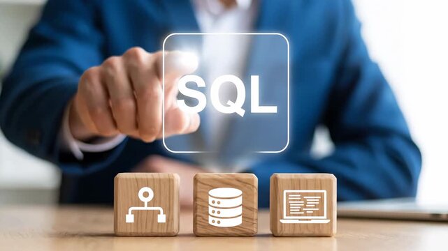 Businessman interacts with SQL interface on a glowing screen, with database and code icons visible on wooden blocks.