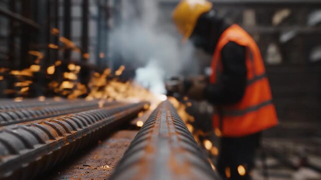 Construction worker grinding metal rebar, sparks flying, close-up on rebar