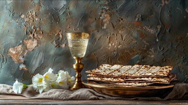 Traditional Jewish Passover Seder table arrangement, featuring unleavened matzah and an ornate golden ceremonial Kiddush cup, symbolizing liberation, faith, and cultural heritage