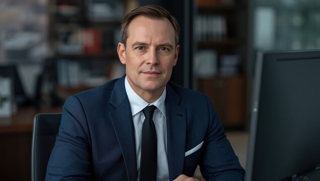 A suit-clad middle-aged white man using a desktop in an office