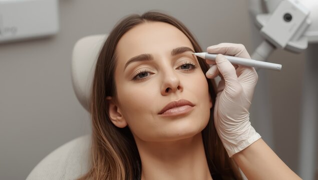 A woman receives markings on her face for eyelid surgery at a clinic