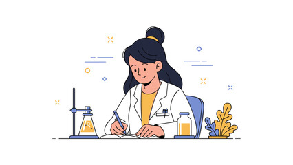 Fototapeta premium Asian female scientist writing in lab with gear and beakers