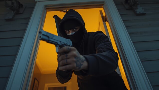 Armed burglar entering the home
