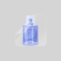 Obraz premium Transparent square sticker mockup on a blue perfume bottle for branding display